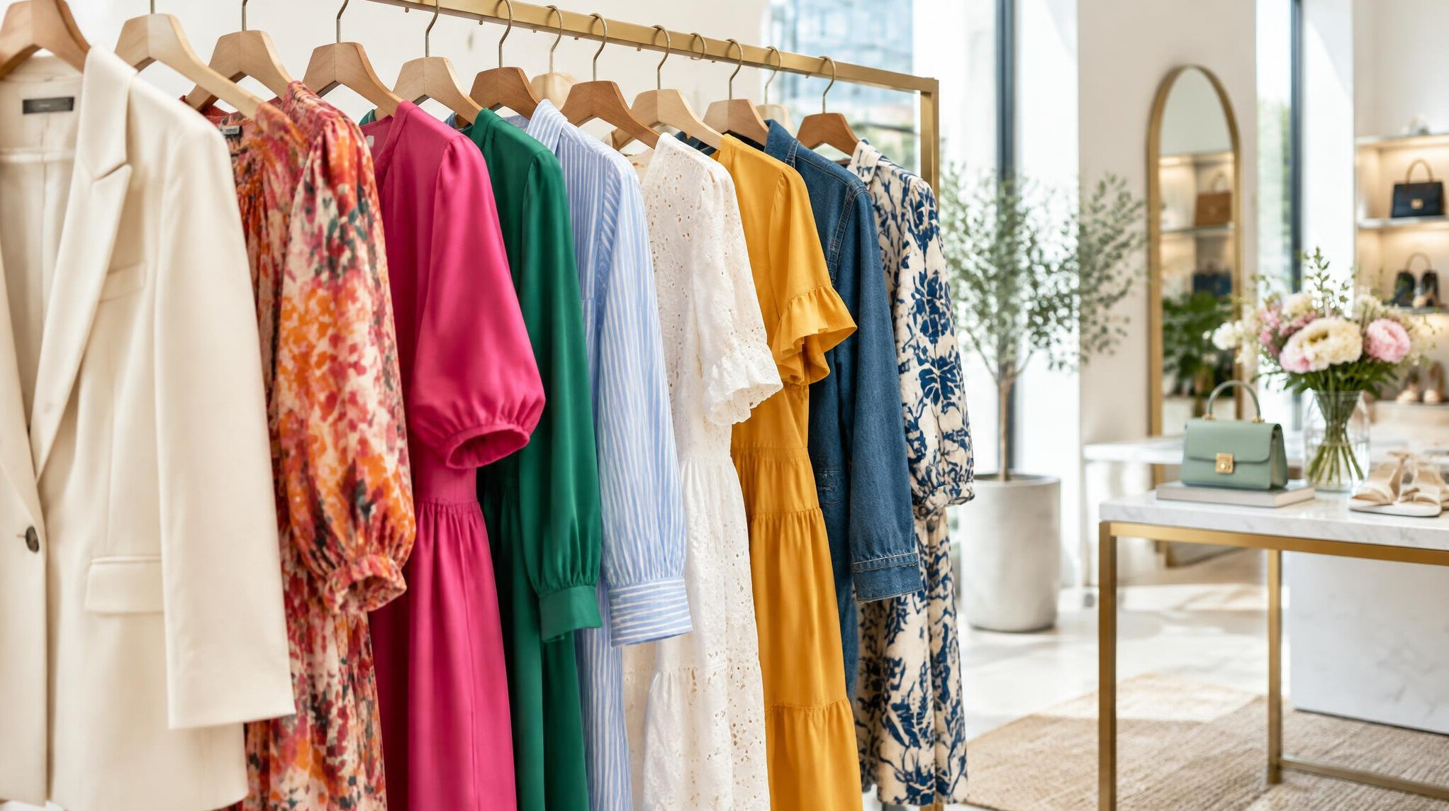 Fashion clothes on a rack in a bright boutique