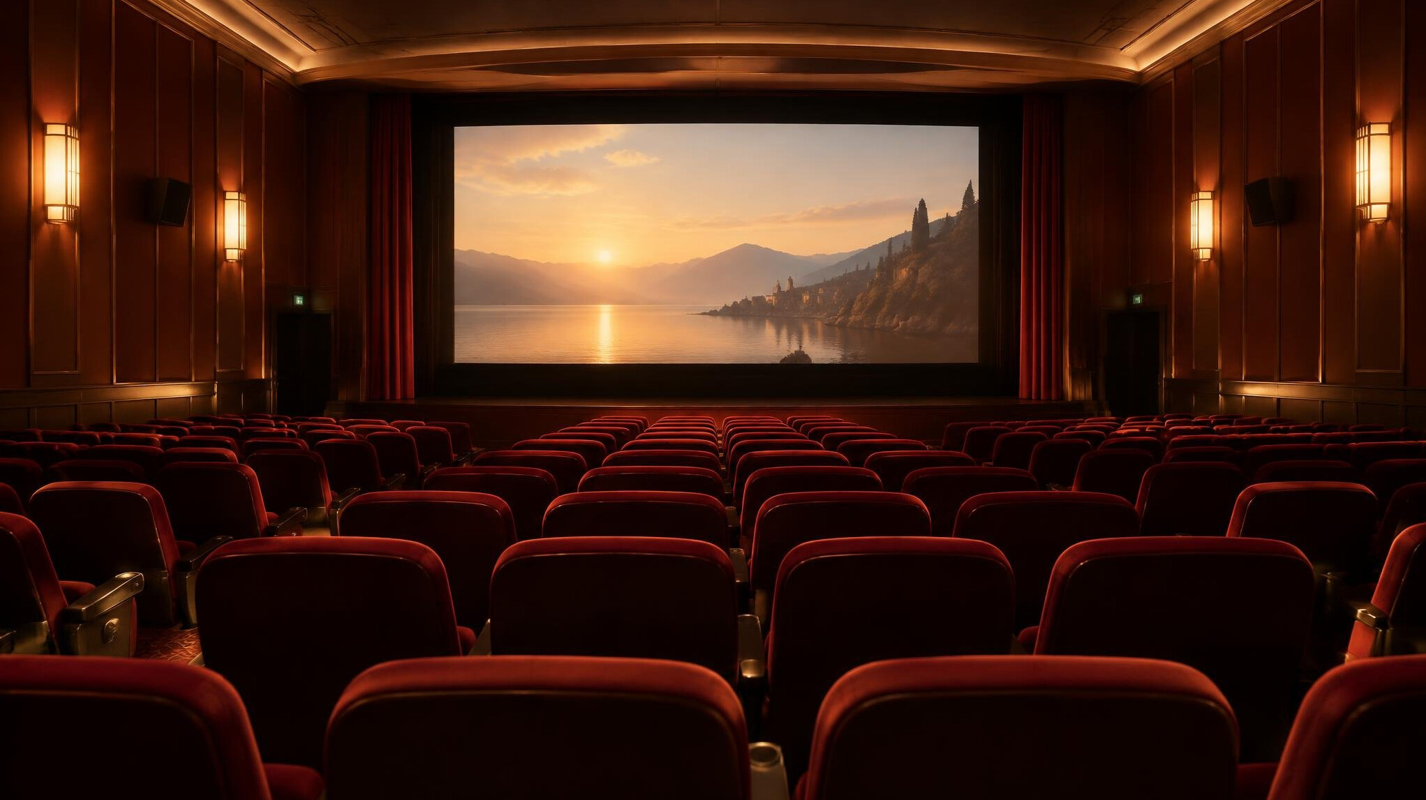 Cinema auditorium with empty seats facing the screen