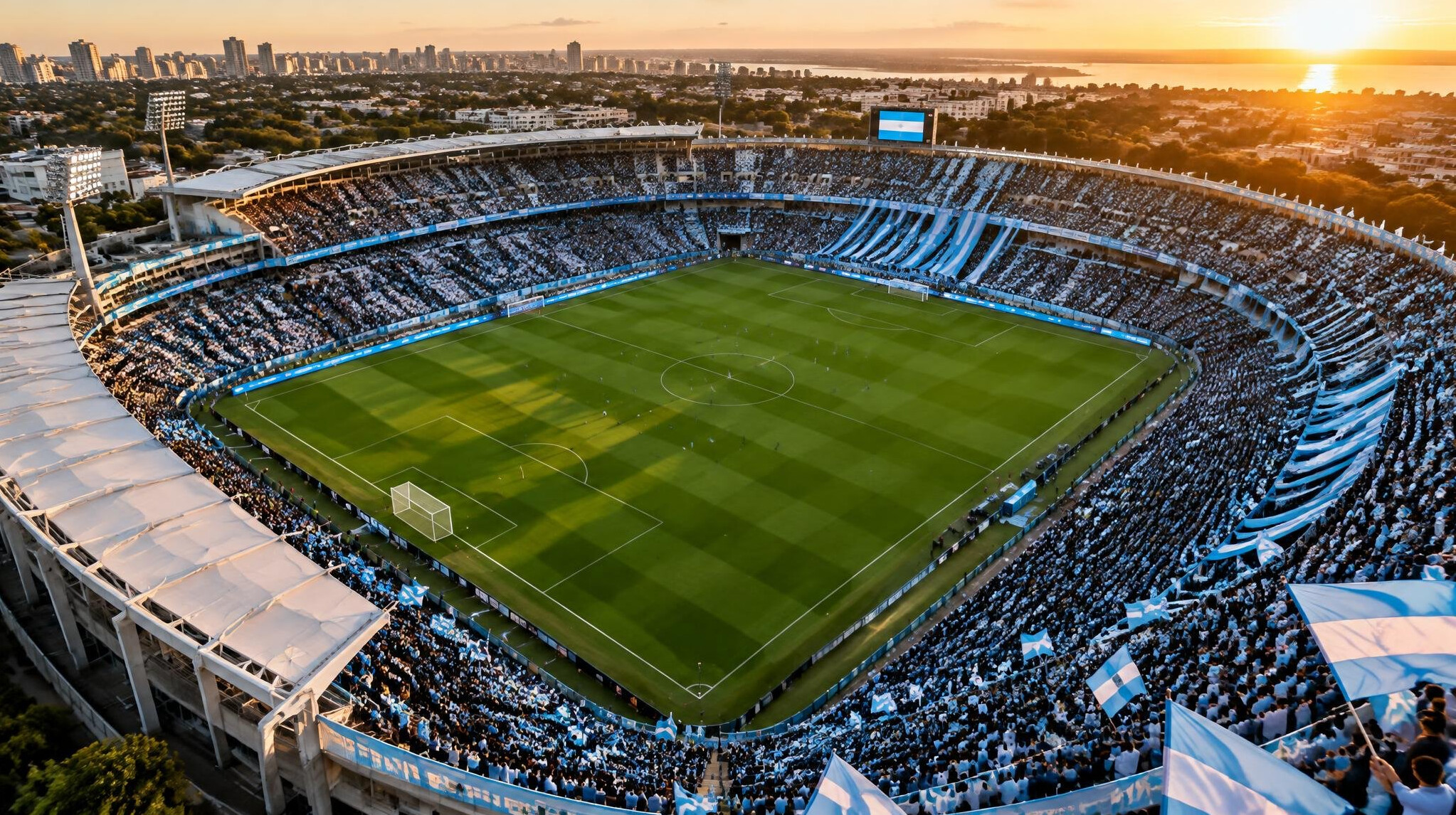 Football stadium full of fans at sunset