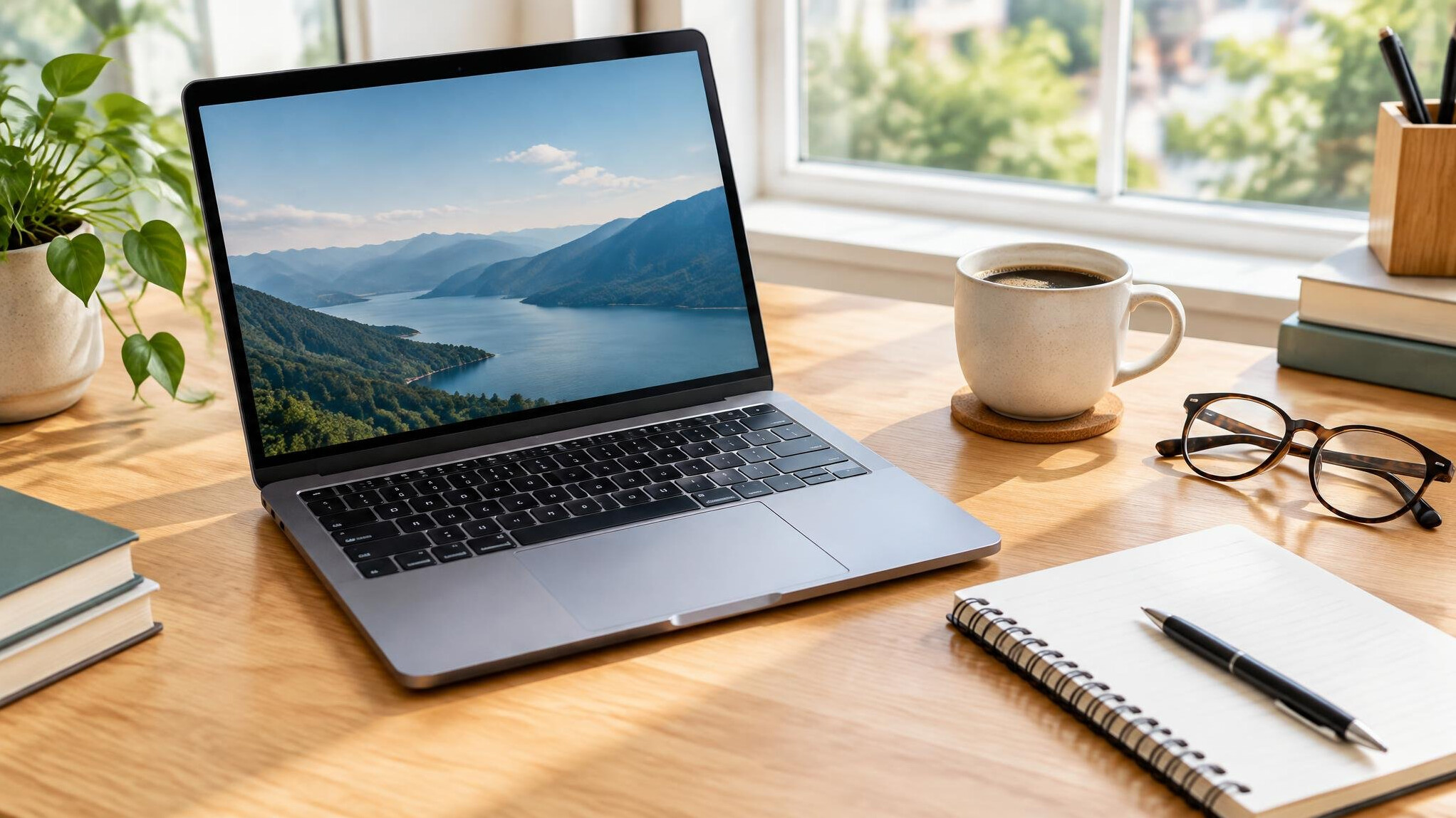 Laptop on a desk with notebook and coffee in a bright workspace