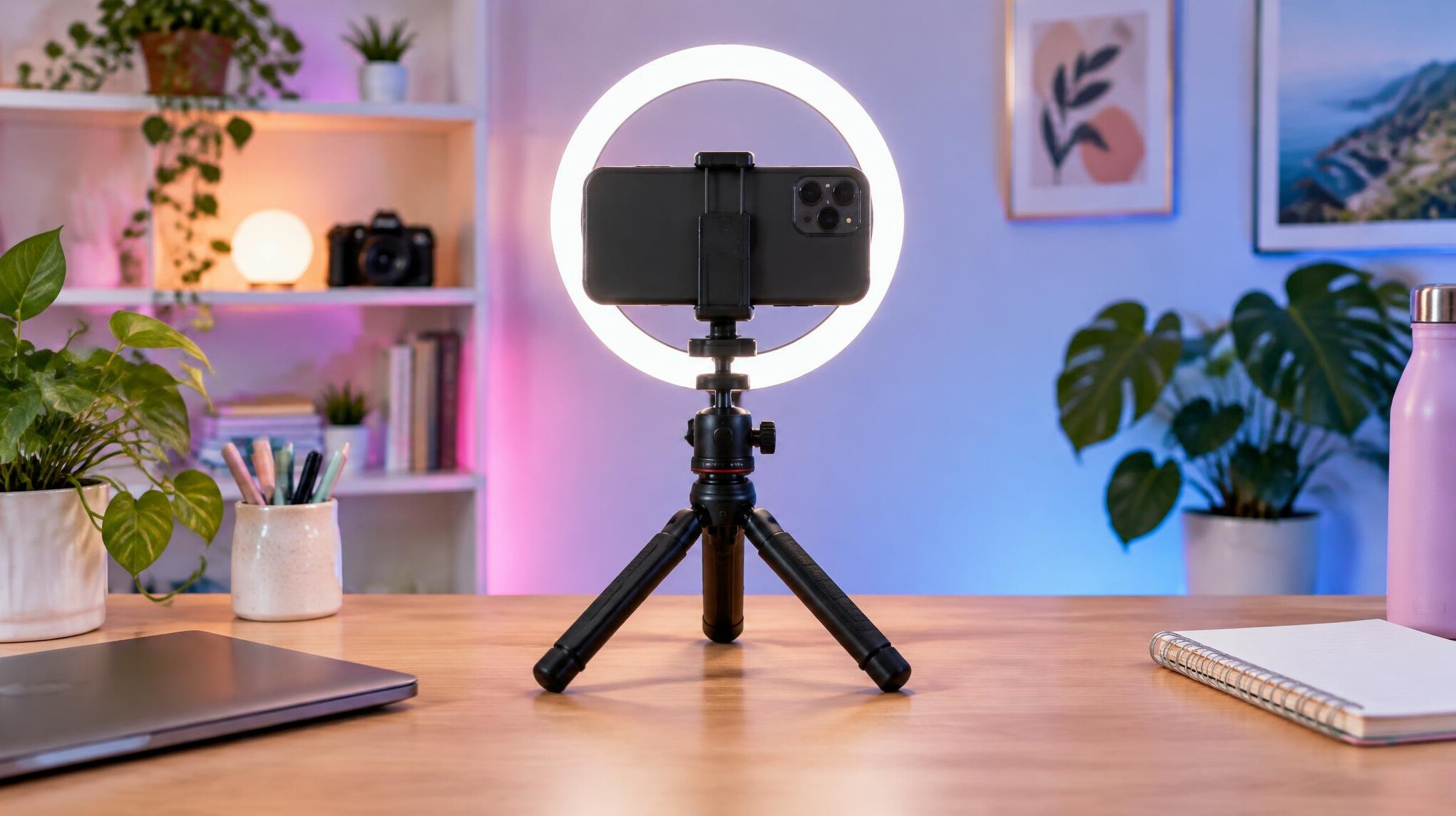 Smartphone on a tripod with ring light for content creation