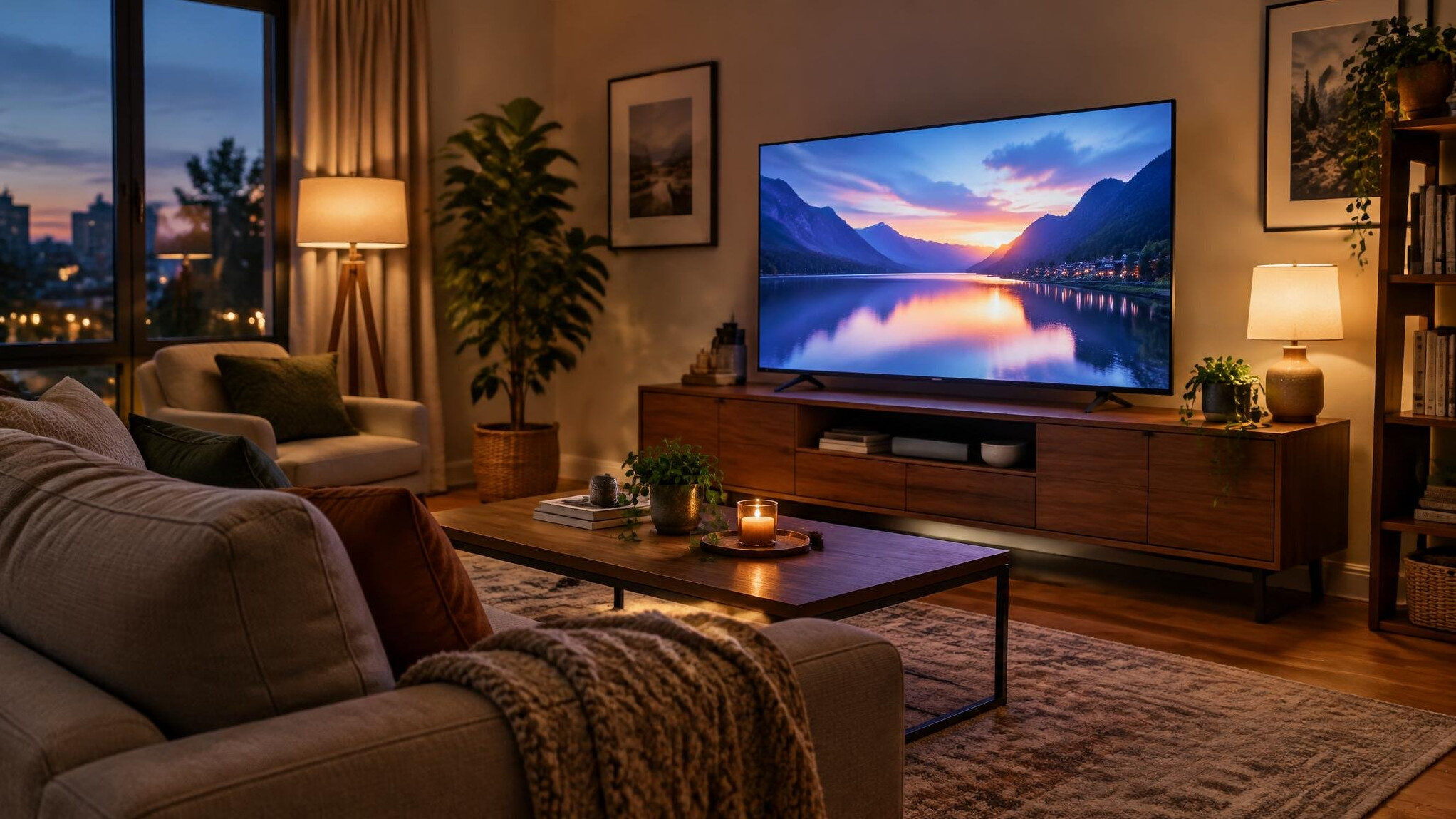 Television screen in a cozy living room